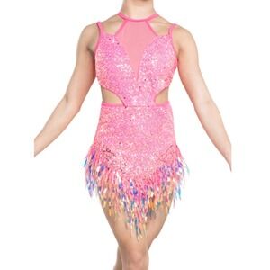 Tenth House Essence Hot Pink Sequin Dance Leotard Iridescent Fringe Costume SA